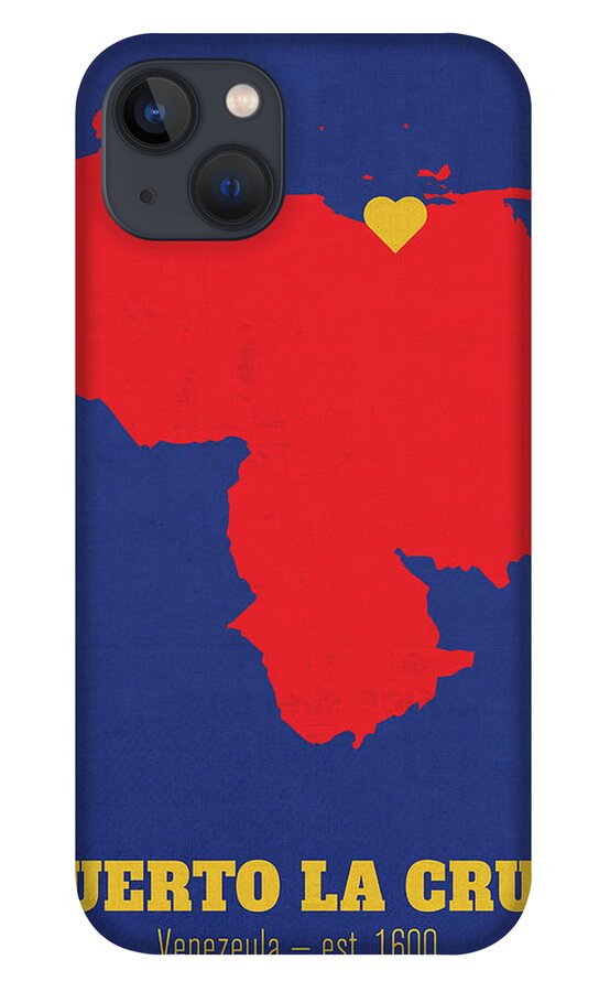 Puerto La Cruz iPhone 13 Case featuring the mixed media Puerto La Cruz Venezuela Founded 1600 World Cities Heart Print by Design Turnpike