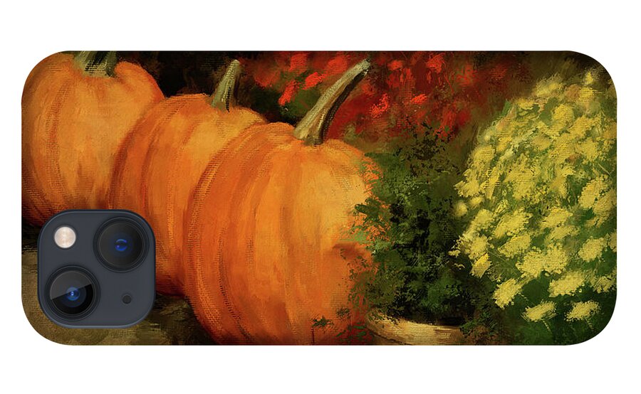 Pumpkin iPhone 13 Case featuring the digital art Pumpkins And Mums by Lois Bryan