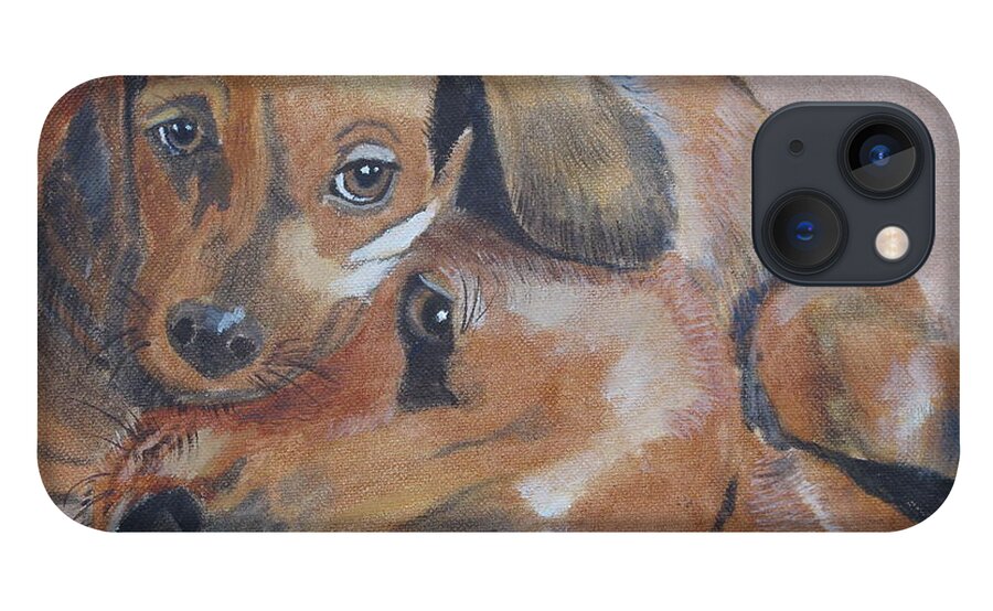 Pets iPhone 13 Case featuring the painting Puppies Cuddling by Kathie Camara