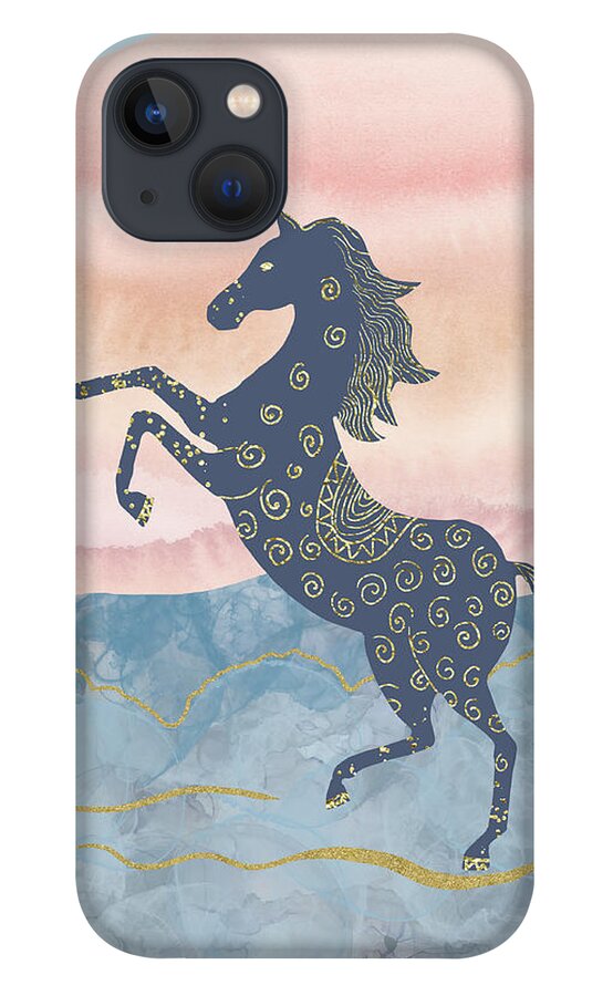 Rearing Horse iPhone 13 Case featuring the digital art Rearing Horse in the Morning Sun - Gold Ornamental Theme by Andreea Dumez