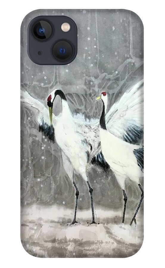 Red-crowned Cranes iPhone 13 Case featuring the painting Red-Crown Crane - 1 Sweet Quiet Moment by Carmen Lam