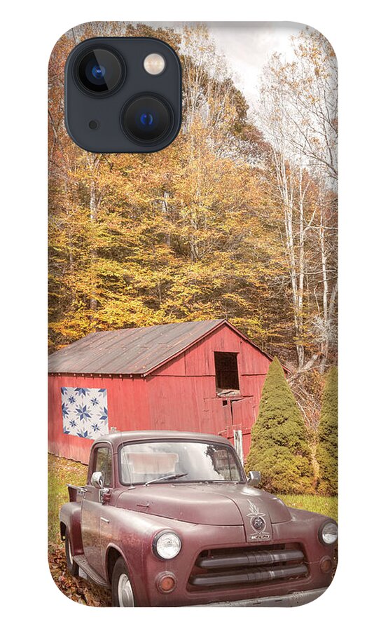 Truck iPhone 13 Case featuring the photograph Red Quilt Farmhouse Barn and Truck along the Creeper Trail Damas by Debra and Dave Vanderlaan