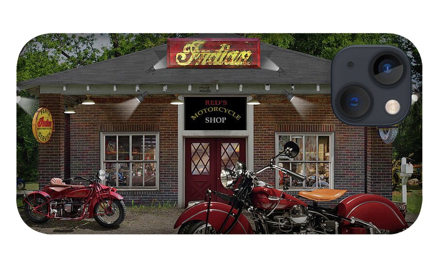 Indian Motorcycles iPhone 13 Case featuring the photograph Reds Motorcycle Shop C by Mike McGlothlen
