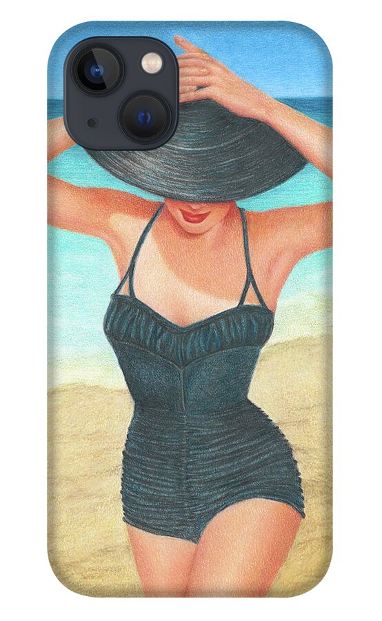 1950's Bathing Suits; Girl In A Black Straw Hat; Strolling On The Beach; Caribbean Beach iPhone 13 Case featuring the painting Retro Bathing Suit by Valerie Evans