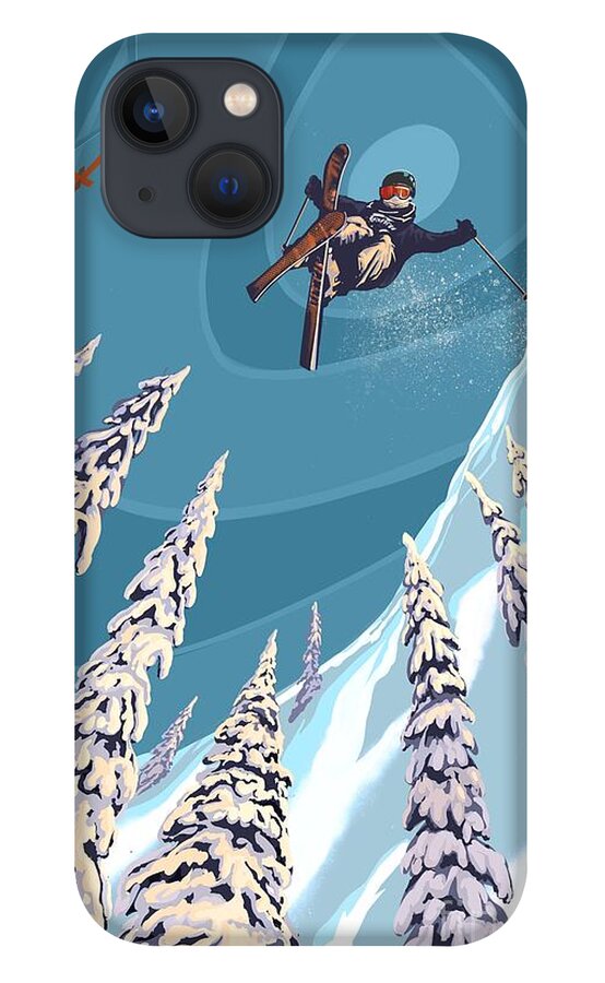 Retro Ski Art iPhone 13 Case featuring the painting Retro Ski Jumper Heli Ski by Sassan Filsoof