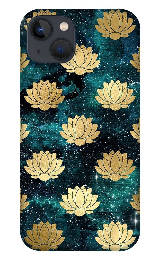 Watercolor iPhone 13 Case featuring the digital art Rivala - Teal Gold Watercolor Lotus Galaxy Dharma Pattern by Sambel Pedes