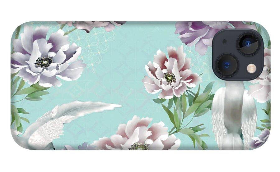 Peony iPhone 13 Case featuring the digital art Robin's Egg Blue Chinoiserie Peonies and Royal Birds by Sand And Chi
