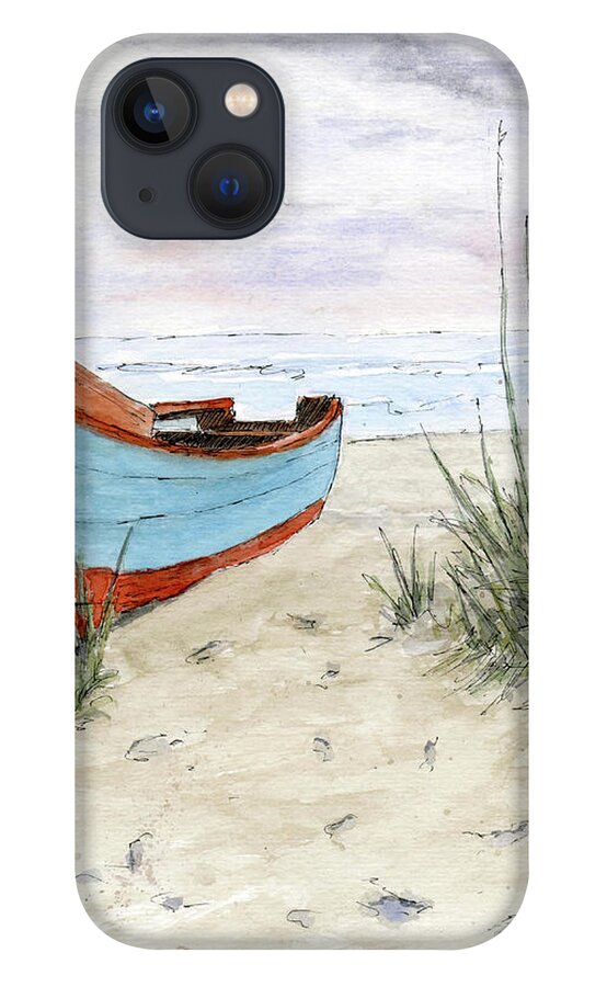 Row Boat iPhone 13 Case featuring the mixed media Row Boat on the Beach by David King Studio