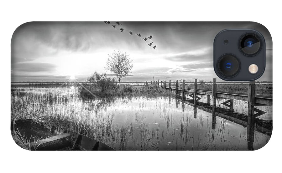 Birds iPhone 13 Case featuring the photograph Rowboat in the Marsh at Sunset in Black and White by Debra and Dave Vanderlaan