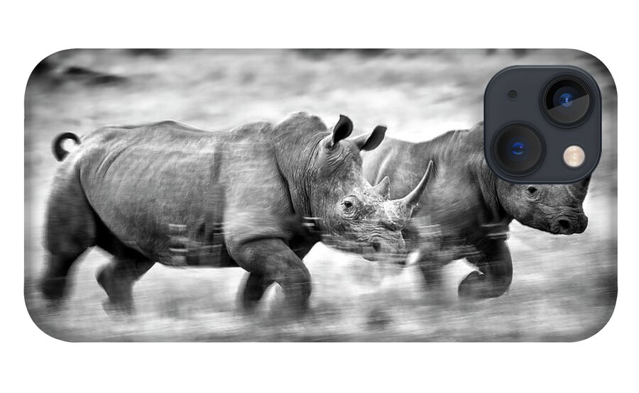 White iPhone 13 Case featuring the photograph Running Rhinos, South Africa by Stu Porter