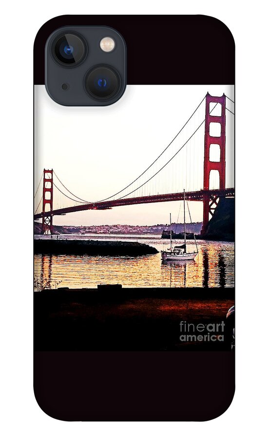 Golden Gate Bridge iPhone 13 Case featuring the painting SF Fog Meets October Sunset by Artist Linda Marie
