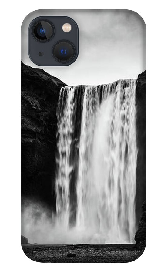 Skogafoss iPhone 13 Case featuring the photograph Skogafoss Waterfall in Iceland in Black and White by Alexios Ntounas