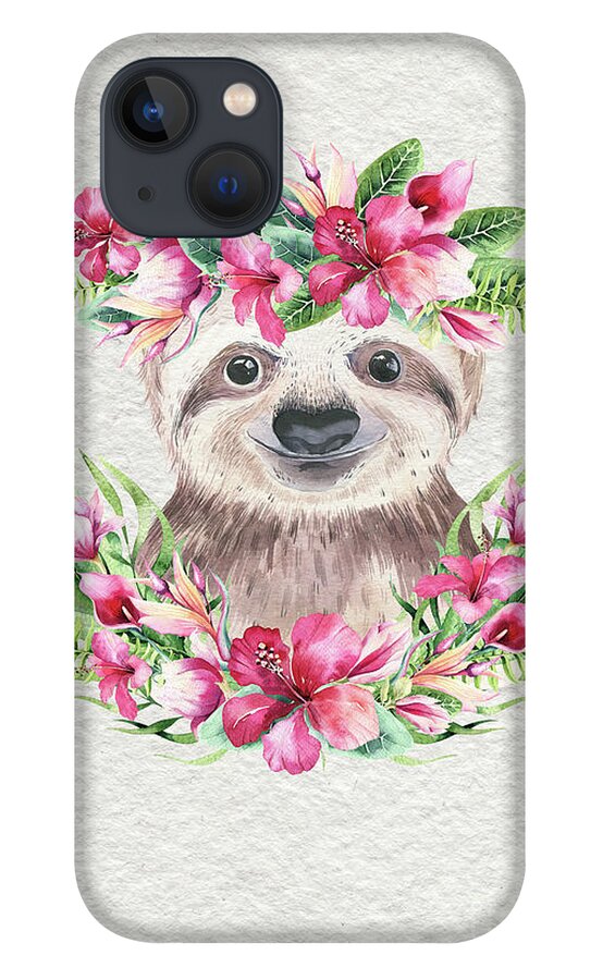 Sloth With Flowers iPhone 13 Case featuring the painting Sloth With Flowers by Nursery Art