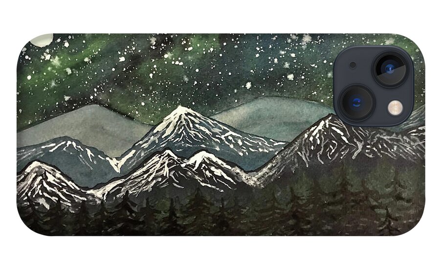 Snowy Mountains iPhone 13 Case featuring the painting Snowy Mountains with Aurora by Lisa Neuman