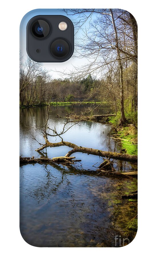 River; Reflection; South Holston; Tennesseee; Northeast Tennessee; Spring; Springtime; Green; Blue; Grass; Tree; Trees; Reflections; Cloud; Clouds; Water; Stream; Tributary; Rock; Rocks; Outdoor Photography iPhone 13 Case featuring the photograph South Holston River by Shelia Hunt