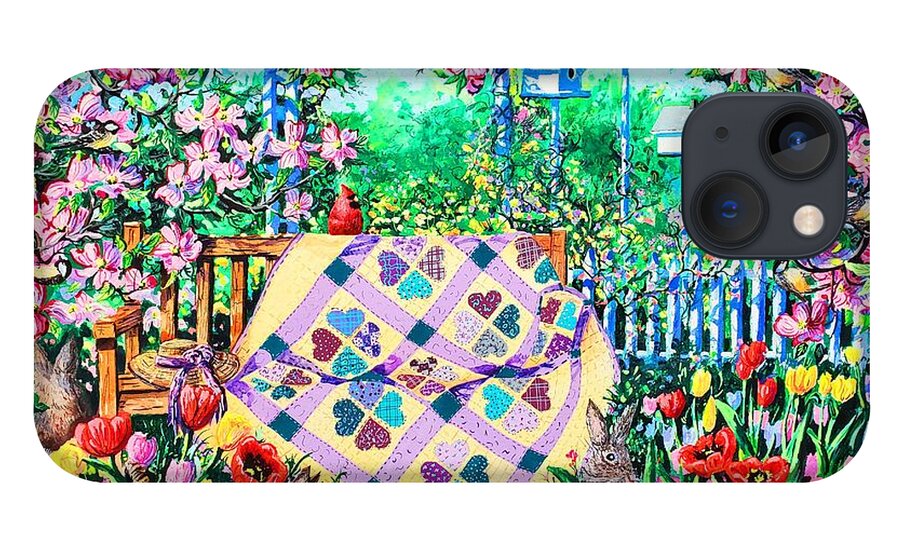 Garden Bench iPhone 13 Case featuring the painting Springtime Hearts and Flowers by Diane Phalen