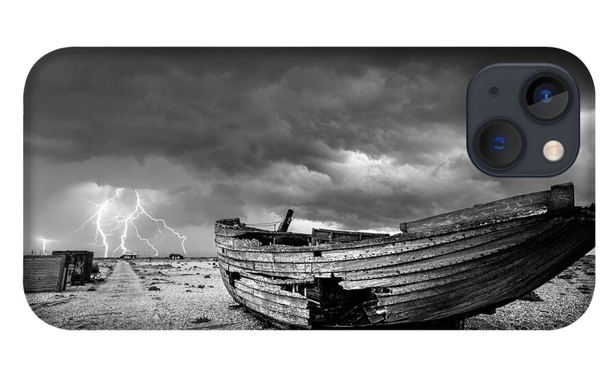 Stormy Sky iPhone 13 Case featuring the photograph Stormy Dungeness, Wrecked boat on a shingle beach with lightning by Neale And Judith Clark