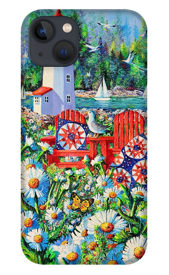 Summer Lighthouse With Red Adirondack Chairs And Red iPhone 13 Case featuring the painting Summer Lighthouse by Diane Phalen