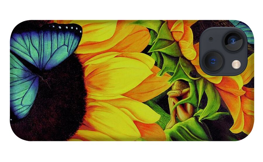 Kim Mcclinton iPhone 13 Case featuring the painting Blue Morpho Sunflower Dream by Kim McClinton
