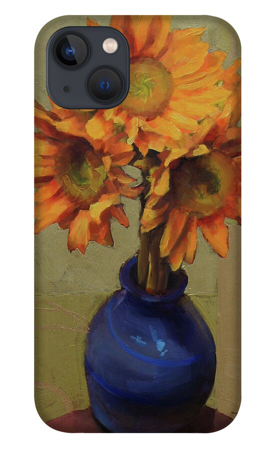 Sunflowers iPhone 13 Case featuring the painting Sunflowers in a blue vase by Cathy Locke
