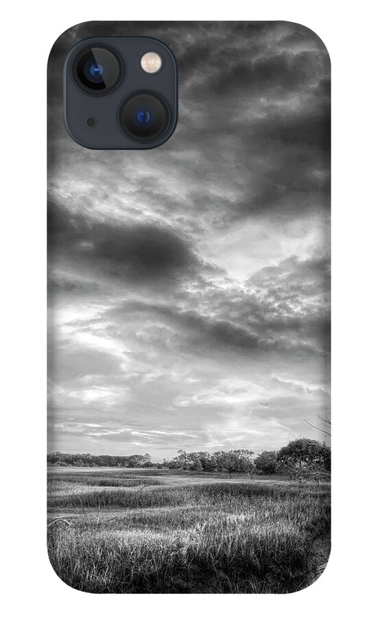 Clouds iPhone 13 Case featuring the photograph Sunrise Clouds over the Marsh Black and White by Debra and Dave Vanderlaan