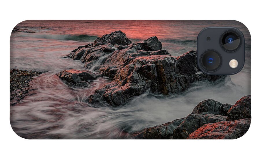 New Hampshire iPhone 13 Case featuring the photograph Sunrise On The Rocks, Fort Foster. by Jeff Sinon