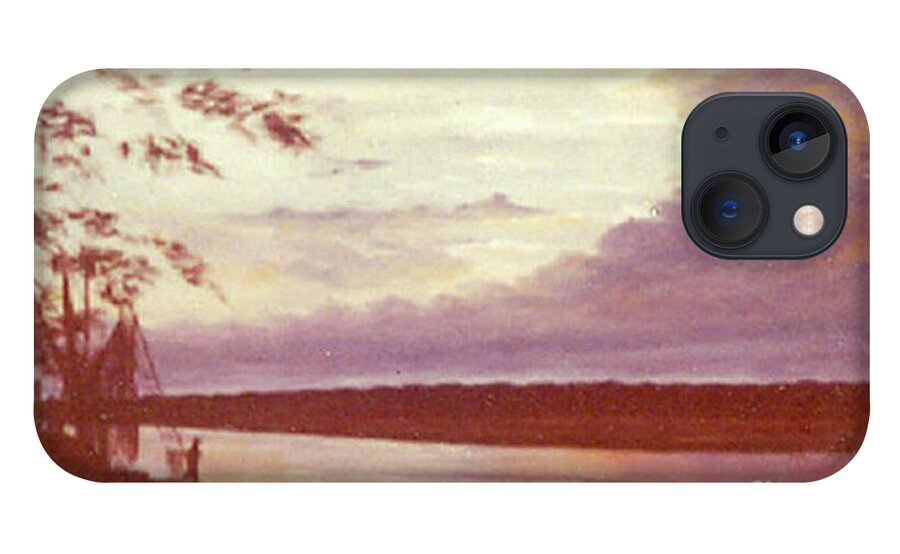Sunset iPhone 13 Case featuring the painting Sunset at Murrells Inlet on Fishing Boat Vintage Oil Painting by Catherine Ludwig Donleycott