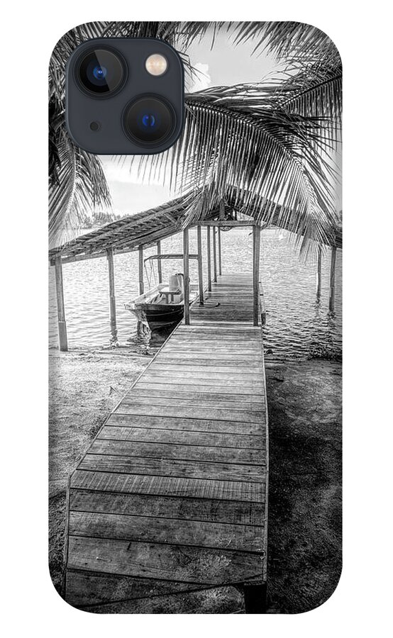 African iPhone 13 Case featuring the photograph Swaying Palms Over the Dock in Black and White by Debra and Dave Vanderlaan