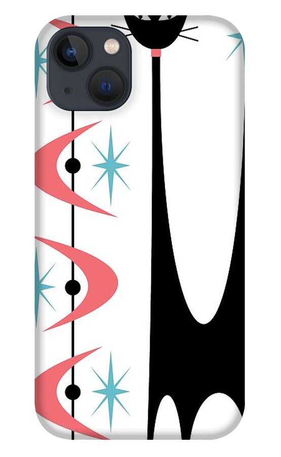 Atomic Cat iPhone 13 Case featuring the digital art Tall Atomic Cat Pink Boomerangs by Donna Mibus