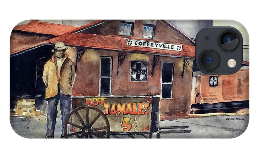 A Man Stands By His Cart Of Hot Tamales For Sale At The Train Depot In The Late Afternoon In Coffeyville iPhone 13 Case featuring the painting Tamale Man by Monte Toon