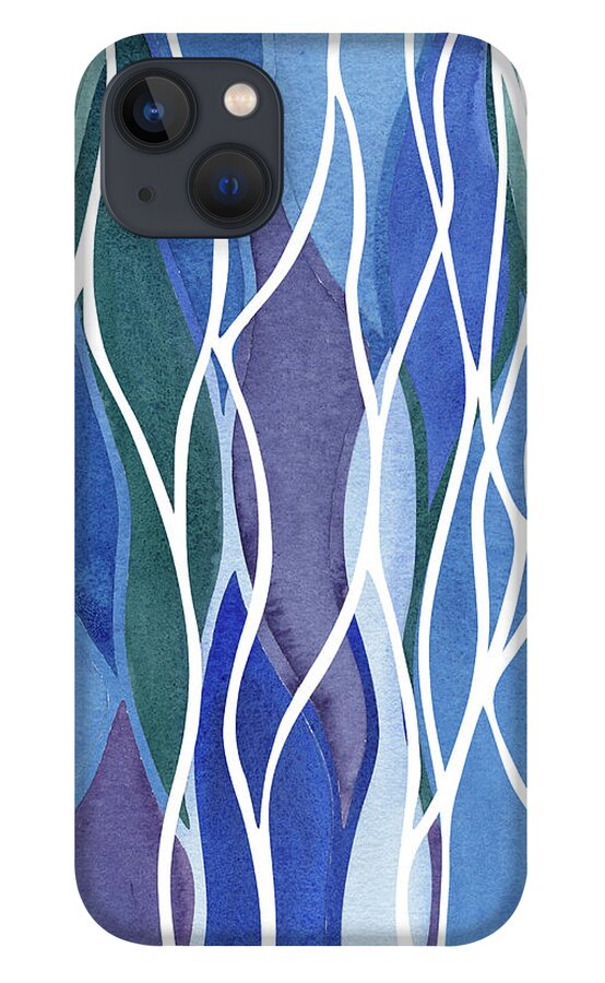 White Lines iPhone 13 Case featuring the painting Teal And Blue White Organic Lines Watercolor Waterfall Batik Style Decor I by Irina Sztukowski