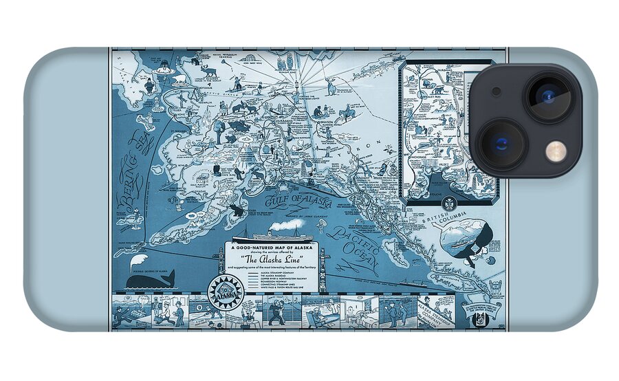 Alaska Map iPhone 13 Case featuring the photograph The Alaska Line Vintage Pictorial Map 1934 Blue by Carol Japp