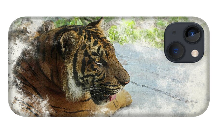 Tiger iPhone 13 Case featuring the digital art Tiger Portrait with Textures by Alison Frank