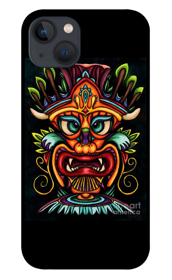 Tiki Masks iPhone 13 Case featuring the painting Maori tiki mask vibrant painting, Tiki totem by Nadia CHEVREL