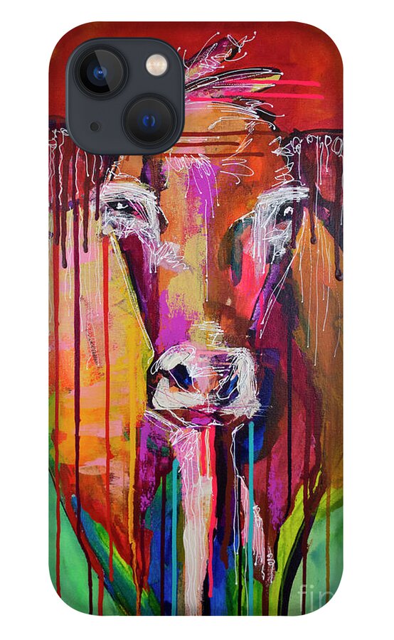 Cow iPhone 13 Case featuring the painting Too Moo for Yoo III by Robin Valenzuela