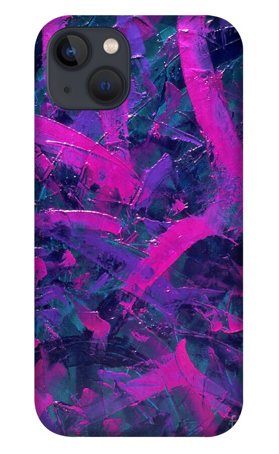 Abstract iPhone 13 Case featuring the painting Transitions with Turquoise, Lavender and Magenta by Dean Triolo