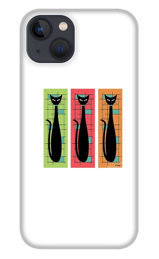 Mid Century Modern iPhone 13 Case featuring the digital art Trio of Cats Green, Salmon and Orange on White by Donna Mibus