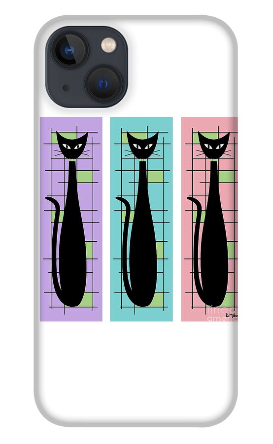Mid Century Modern iPhone 13 Case featuring the digital art Trio of Cats Purple, Blue and Pink on White by Donna Mibus