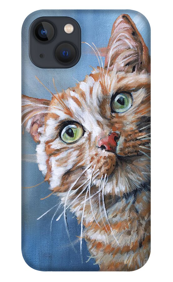 Cat iPhone 13 Case featuring the painting Tuna Time - Orange Cat Painting on Blue by Annie Troe