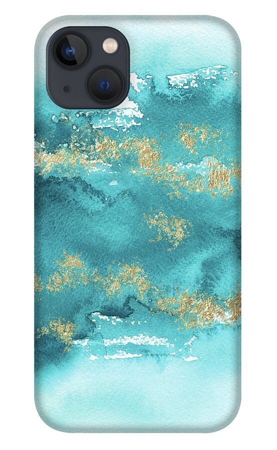 Turquoise Blue iPhone 13 Case featuring the painting Turquoise Blue, Gold And Aquamarine by Garden Of Delights