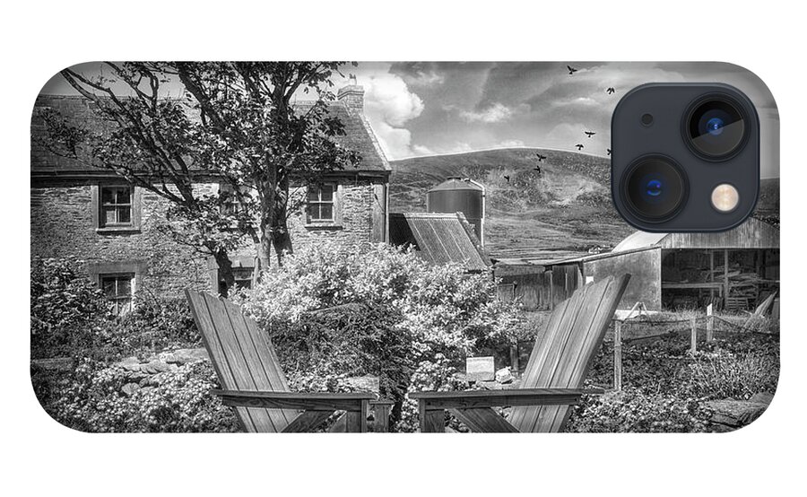 Barns iPhone 13 Case featuring the photograph Two Chairs in an Irish Garden in Black and White by Debra and Dave Vanderlaan