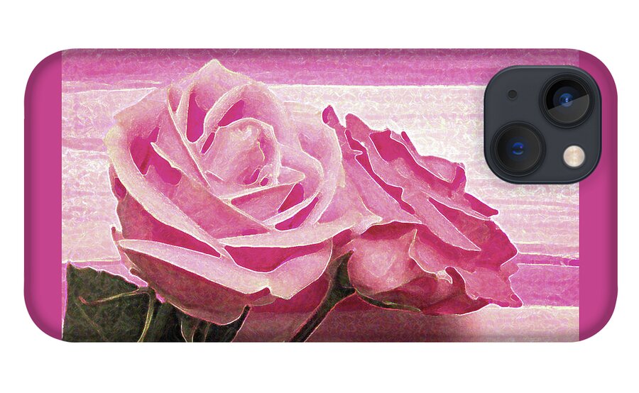 Rose iPhone 13 Case featuring the photograph Two Pink Roses on Pink Stripe by Corinne Carroll