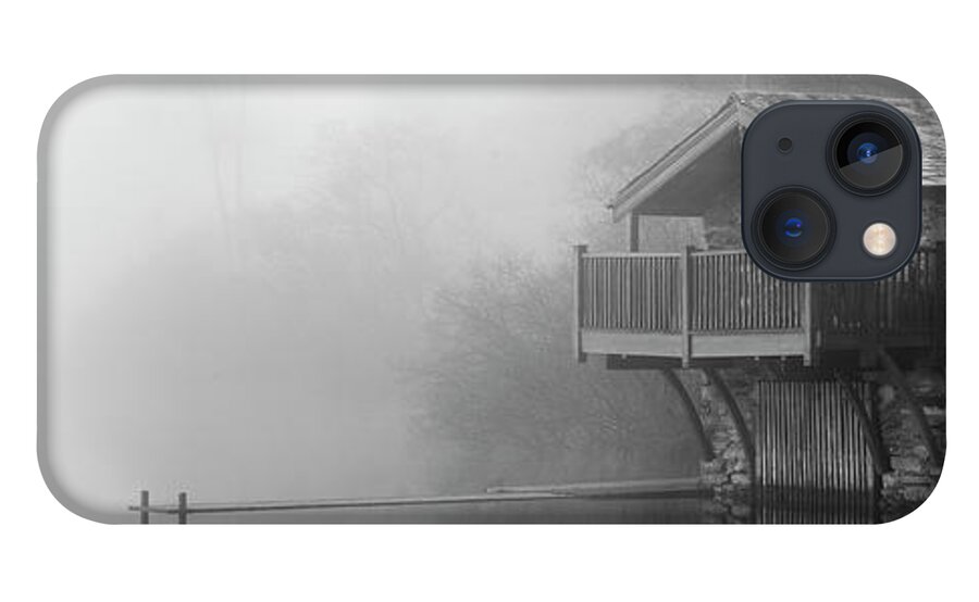 Panorama iPhone 13 Case featuring the photograph Ullswater boat house in the mist black and white lake district by Sonny Ryse