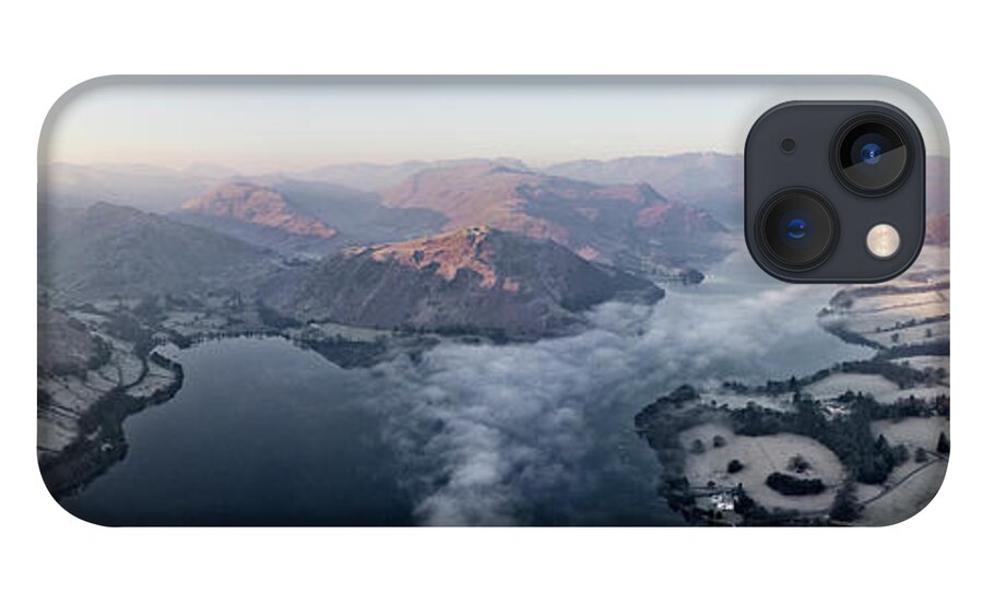 Panorama iPhone 13 Case featuring the photograph Ullswater lake sunrise aerial lake district mist by Sonny Ryse