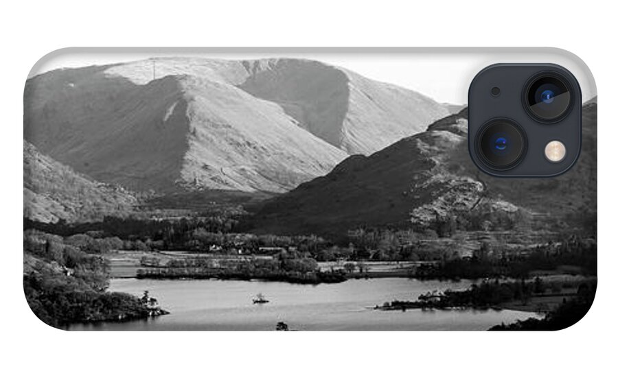Panorama iPhone 13 Case featuring the photograph Ulswater and Glenridding Black and White Lake District by Sonny Ryse