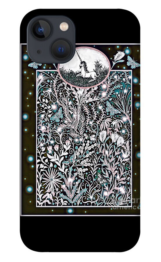 Unicorn iPhone 13 Case featuring the digital art Unicorn Garden Tapestry design in black, pink and light green by Lise Winne