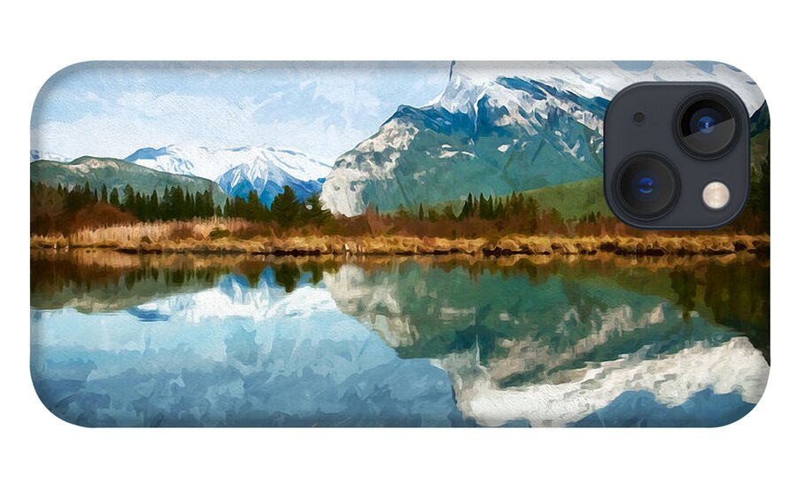 Mountains iPhone 13 Case featuring the digital art Watercolor Vermillion Lakes, Alberta by Naomi Maya