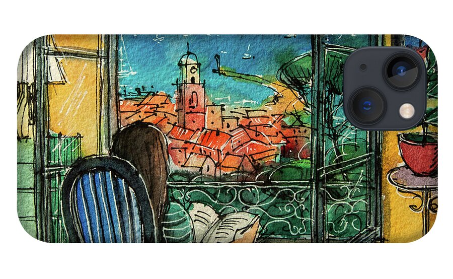 Saint Tropez iPhone 13 Case featuring the painting VIEW OF SAINT TROPEZ watercolor painting Mona Edulesco by Mona Edulesco