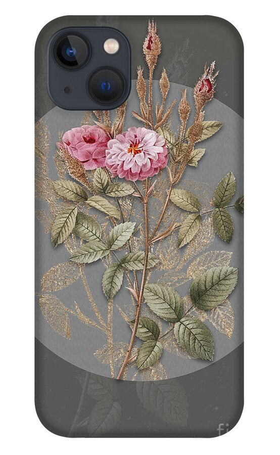 Vintage iPhone 13 Case featuring the painting Vintage Botanical Mossy Pompon Rose on Circle Gray on Gray by Holy Rock Design