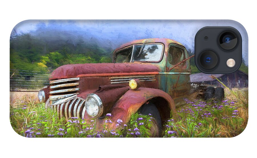 1941 iPhone 13 Case featuring the photograph Vintage Chevy PIckup Truck in the Mountain Wildflowers Painting by Debra and Dave Vanderlaan